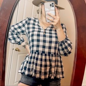 American Eagle Blue Check Tiered Peasant Top